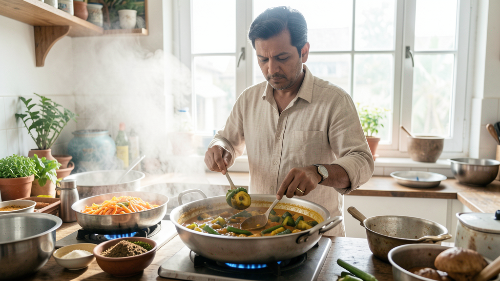 Editorial image illustrating Stop Steaming Your Dinner: Mastering High-Heat Bhunao for Dry Vegetables